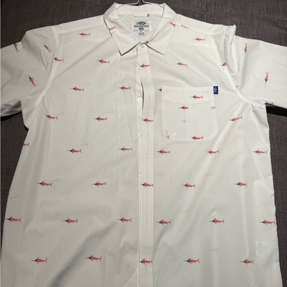 AFTCO White Shirt with Red Shark Pattern